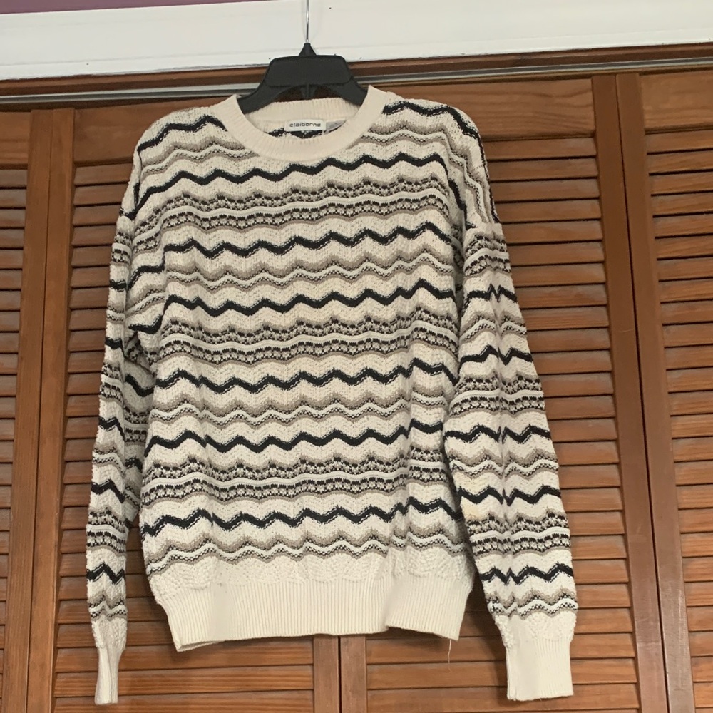 Clairborn Cream & Black Patterned Crewneck Sweater